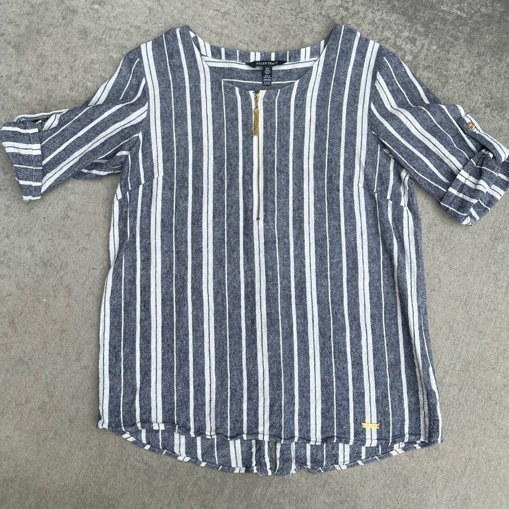 Ellen Tracy Linen Blend Half Zip Pullover Blue White Top Size Medium